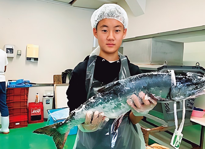 中3の北海道自然体験研修での新巻鮭づくり。網走ナイトウオッチャーや釧路湿原など、雄大な自然を体験するコースも｡