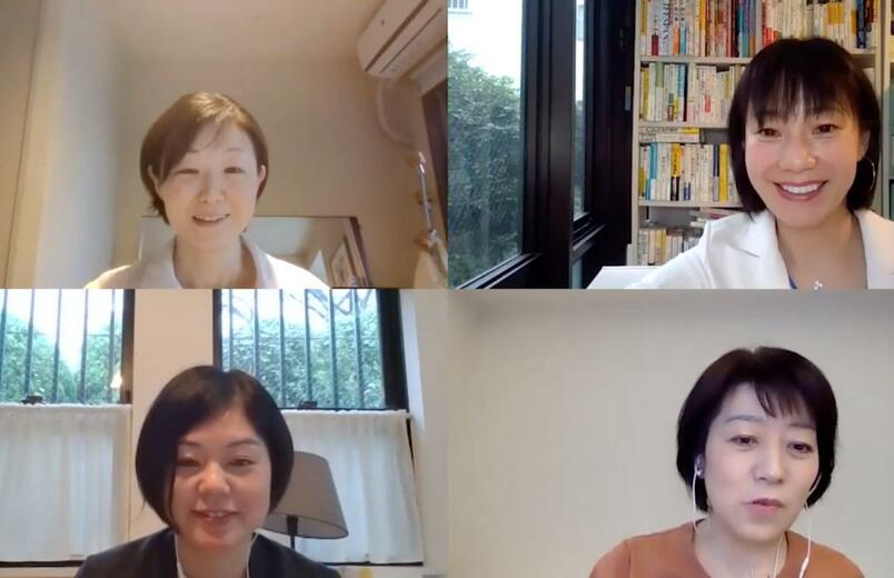 安浪先生（右上）と担当編集者の江口さん（右下）、井上さん（左上）、藤沢さん（左下）によるオンラインセミナーは出版社の垣根を越えての開催