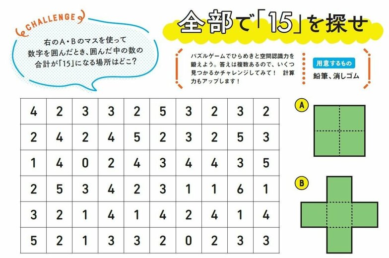 問題に挑戦! 全部で「15」を探せ。 すぐに見つかりそうで見つからないところがジレンマ! どんな数の構成で「15」ができるか、数字をよーく見てみよう。数のパズル問題は作りやすいのでオリジナル問題も作ってみて!(パズル原案:math channel ※答えは省略しています)