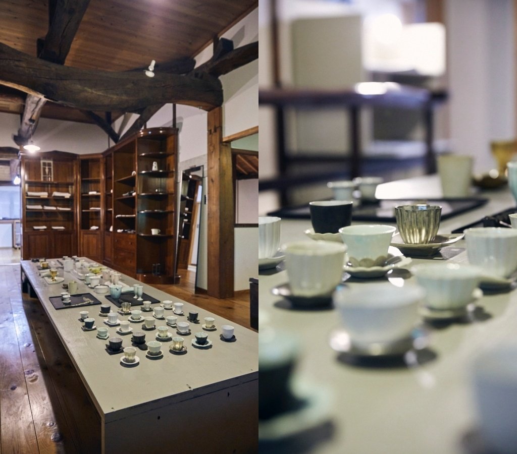 安藤さんの作品が常設展示されている「ギャルリ百草」2階スペース。茶器の種類もさまざまあり、台湾で個展を行うとすぐに売り切れてしまう