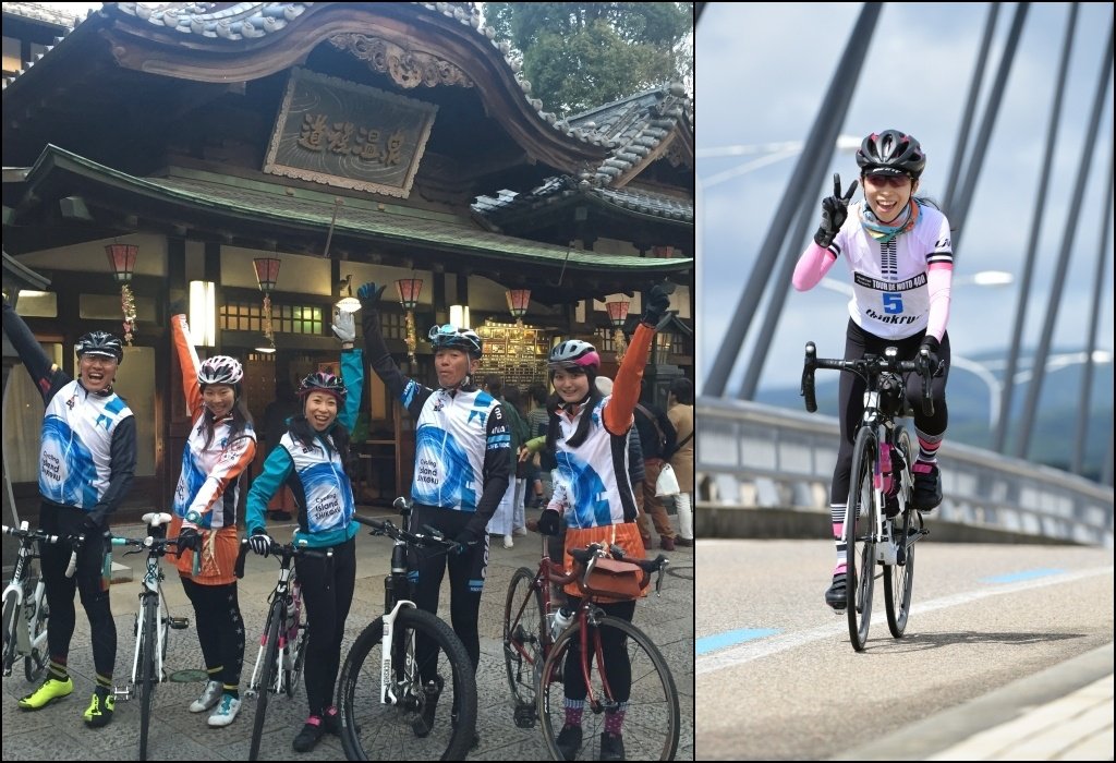 2017年に「四国一周サイクリングPR大使」に就任するなど、日本のサイクリングイベントにも参加。台湾と距離的にも地形的にも似ているという四国では、道後温泉も走行ルートに。ピースサインの写真は、能登半島一周に挑戦した際のもの（画像は本人提供）